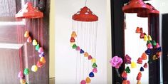 three pictures of colorful wind chimes hanging from the side of a door, with one being made out of plastic beads