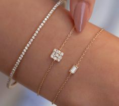 This 14k single bezel diamond initial bracelet is perfect for layering or to gift someone special. Baguette Bracelet Diamond, Baguette Diamond Bracelet, Hand Stack, Baguette Bracelet, Gold Bracelet Set, Small Bracelets, Bangles Jewelry Designs, Casual Jewelry, Jewelry Accessories Ideas