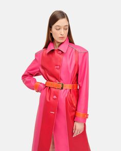 Wallis Trench Coat Red / Fuchsia – Mietis Puritan Collar, Luxury Leather Bag, Fitted Coat, Top Coat, Straight Cut, Slow Fashion, Medium Blue, Pastel Colors, Red Leather Jacket