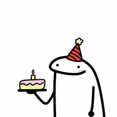 a cartoon character holding a cake with a lit candle on it's top and wearing a party hat