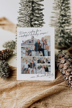 a christmas card with photos and pine cones