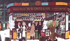 a painting of people standing in front of a store