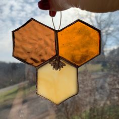 a stained glass honeycomb hanging from a window