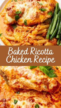 baked ricotta chicken recipe on a plate with green beans