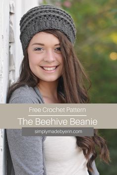 A young girl smiling and modeling The Beehive Beanie Crochet Hat Pattern in charcoal grey Crochet Beehive, Baby Hats Pattern, Beanie Free Crochet Pattern, Easy Crochet Hat Patterns, Hats Pattern, Modern Home Decor Kitchen, Crochet Baby Hat Patterns, Easy Crochet Hat