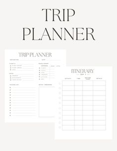 a trip planner with the words, travel planner and it's contents in black