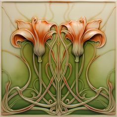 an art deco tile with three flowers on it