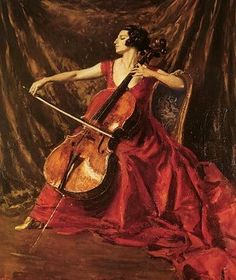 a painting of a woman in a red dress holding a cello