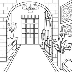 a black and white drawing of a hallway in a brick building with an arched doorway