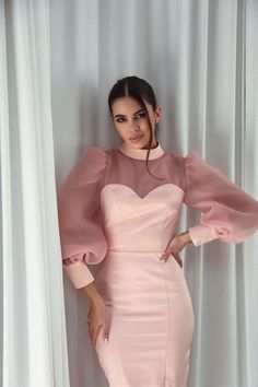 Dress With Organza Sleeves, Satin Dress Outfit, Dress With Organza, Burmese Dress, Woman Suit, Satin Bodycon Dress, Soiree Dress, Gaun Fashion, Design Restaurant