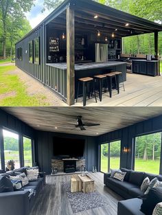 two pictures showing the inside and outside of a house with windows, couches, tables and bar