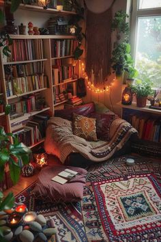 a living room filled with lots of furniture and bookshelves covered in plants next to a window