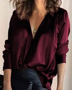 Lasaky - V-neck satin top with long sleeves Blouse Size Chart, Satin Bluse, Draped Blouse, Satin Long Sleeve, Elegant Shirt, Pullover Shirt, Chiffon Blouse, V Neck Blouse, V Neck Tops