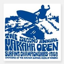 a blue and white poster with a man on a surfboard in the middle of it