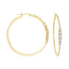 Ross-Simons - 1.70 ct. t.w. Cubic Zirconia Hoop Earrings in 18kt Gold Over Sterling. 1 3/4". Classic hoop earrings are illuminated with 1.70 ct. t.w. pear-shaped and round brilliant-cut CZs for a splash of sparkle against sunny polished 18kt yellow gold over sterling silver. Hanging length is 1 3/4". Snap-bar, CZ hoop earrings. CZ weights are diamond equivalents. Cubic Zirconia Hoop Earrings, Natural Gold, Sterling Jewelry, Cz Jewelry, Station Necklace, Evil Eye Necklace, Fine Jewellery Earrings, Eye Necklace, Jewelry Earrings Hoops