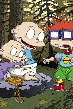 three cartoon characters sitting in the woods with one holding a knife and another pointing at something