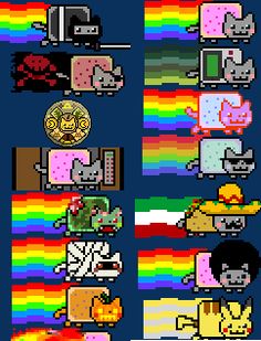 an old school computer game with pixel art and rainbows in the background, including two people