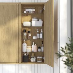 an open medicine cabinet filled with personal care items and bottles on the shelves next to a potted plant