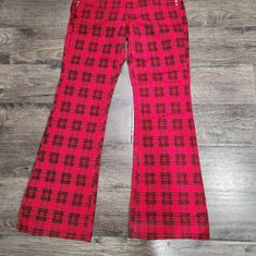 Red Checked Flre Bottoms Pants. Almost Famous. Size 7 Retro Red Bottoms For Fall, Casual Fitted Red Pants, Red Fitted Casual Pants, Red Fitted Cotton Pants, Fitted Red Cotton Pants, Red Retro Stretch Bottoms, Red Stretch Retro Bottoms, Retro Fitted Red Pants, Retro Red Bottoms For Workwear