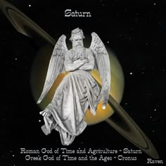 an angel statue sitting on top of a black and white photo with saturn in the background