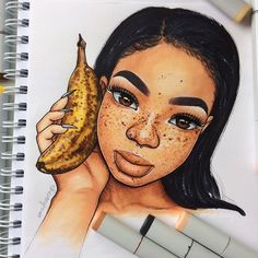 a drawing of a girl with freckles on her face and holding a banana