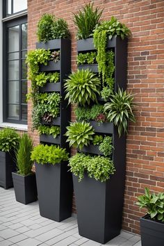 several black planters with green plants on the side of a brick wall in front of a window