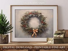 a christmas wreath is hanging on the mantle next to a potted plant and gift boxes