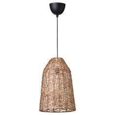 a rattan light hanging from the ceiling