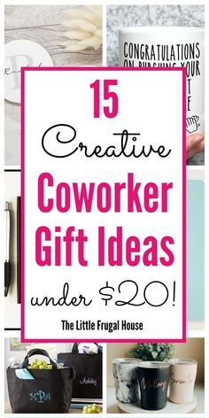 the words creative coworker gift ideas under $ 20 are shown in pink and white