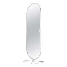 an oval shaped mirror is shown against a white background and stands on one leg with a metal base