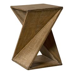 a wooden side table with an angled design on the top and bottom, against a white background