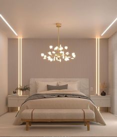 a bedroom with a large bed and lights on the wall