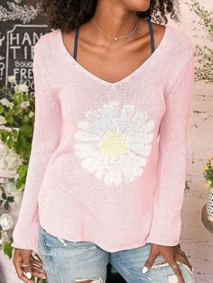 Pink Conch Casual Graphic Tops V Neck Long Sleeve Daisy Printed Sweater Sweater Streetwear, Y2k Outfit Ideas, Fashion Packaging, Womens Knit Tops, Knitted Tops, Women Sleeve, Loose Sweater, Solid Clothes, Knitting Women