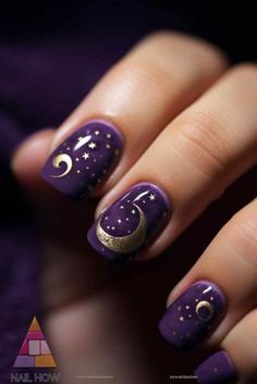 Witchy Nails Short Natural, Practical Magic Nail Art, Autumn Witch Nails, Cute Almond Nails Purple, Deep Purple Halloween Nails, Fall Nails With Purple, Dark Purple Gel Nail Designs, Short Mystical Nails, Purple And Black Witchy Nails