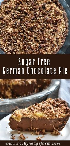 a chocolate pie with crumbled toppings on top and the words sugar free german chocolate pie above it