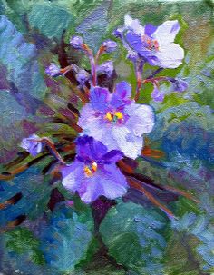 an oil painting of purple flowers and green leaves