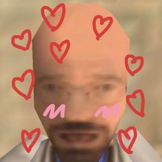 a man with hearts drawn on his face and in front of him is an image of a bald head