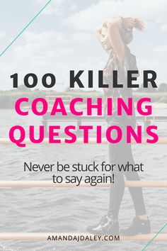 a woman standing on top of a boat with the words, 100 killer coaching questions never be stuck for what to say again