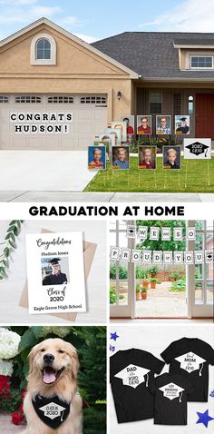 graduation party decorations and photo booth ideas for the graduate's house, including t - shirts that say congratulations at home