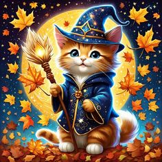 a cat wearing a witches hat and holding a broom in front of a full moon