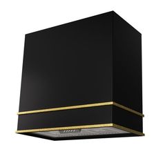 a black and gold stove hood on a white background with the light reflecting off it's side