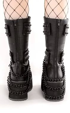 Trashy shoes for trashy peeps.¬† Express your love of all things camp and stompy with this series of boots. Vegan Black PU leather 3 1/4 inch platform Chains O Rings Studs n straps Mid calf length Lace up Side zip U.S men's sizing-refer to size chart for more info¬† Demonia Boots, Leather Platform Boots, Demonia Shoes, Black Vegan, Platform Boots, Mid Calf, Winter Boot, Diy Clothes, Hair And Nails