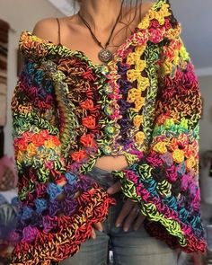 Acrylic Yarn Crochet Projects Free Pattern, Free Boho Crochet Patterns, Crochet With Buttons, Crochet Jacket Outfit, Starlily Creations, Crochet Freestyle, Scrap Yarn Crochet Projects, Freestyle Crochet, Free Style Crochet