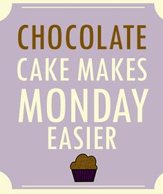 the words chocolate cake makes monday easier are in front of an image of a cupcake