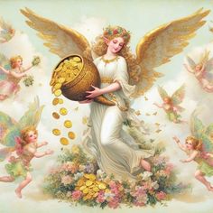 a painting of an angel holding a basket full of gold coins and surrounded by other angels