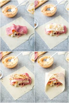 several pictures of doughnuts being made with ham and cheese on top of paper