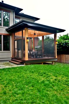 a house with a covered patio in the grass