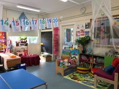 the children's playroom is decorated with colorful decorations and decorating items for their birthday