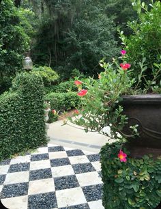 a checkerboard tile walkway leads to a garden with potted plants and flowers