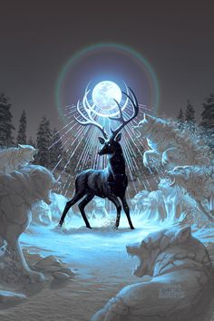 a digital painting of a deer in the middle of a snowy landscape with trees and rocks